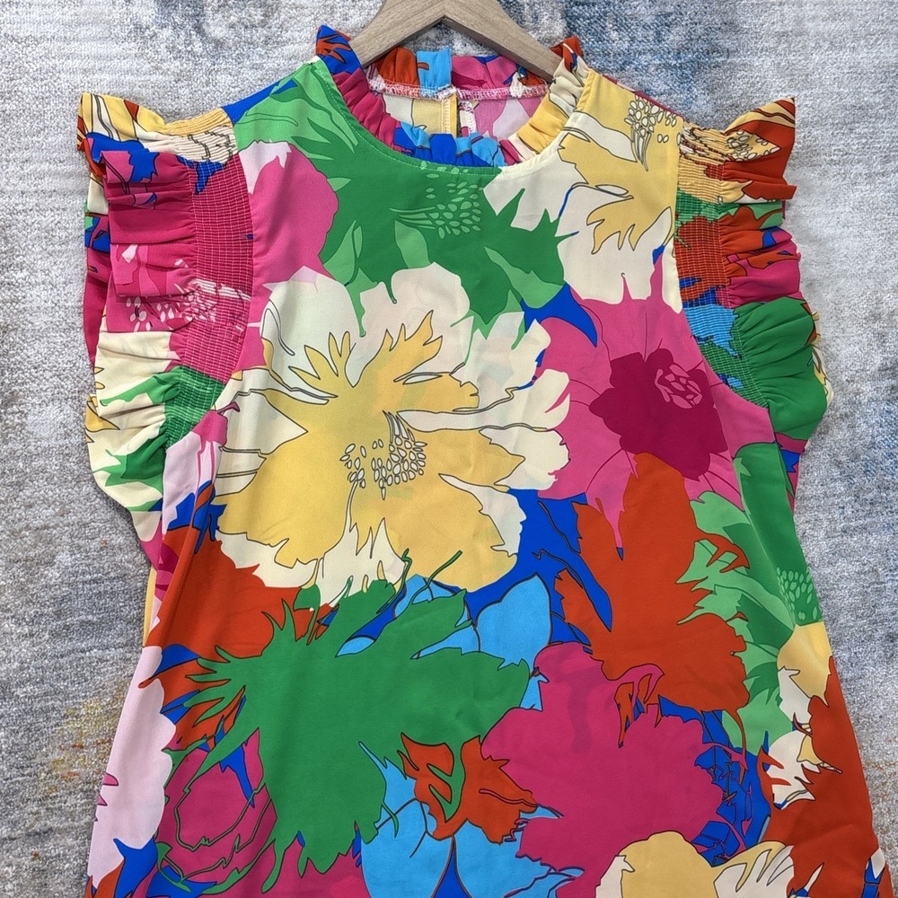 Women's Multicolor Floral Ruffle Sleeve Shift Dress Mod Retro Medium